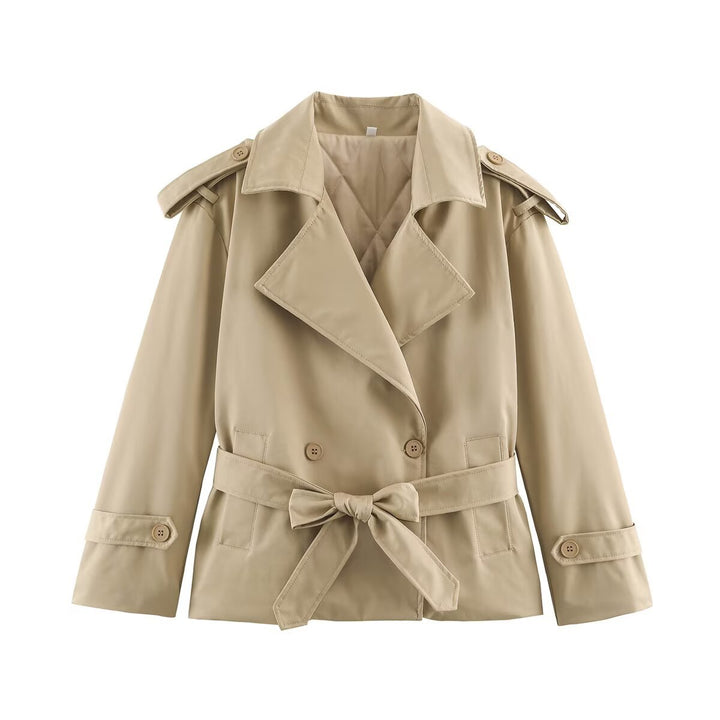Damen Taillierte Kurz-Trenchjacke mit Bindegürtel und Schulterpatten Drune