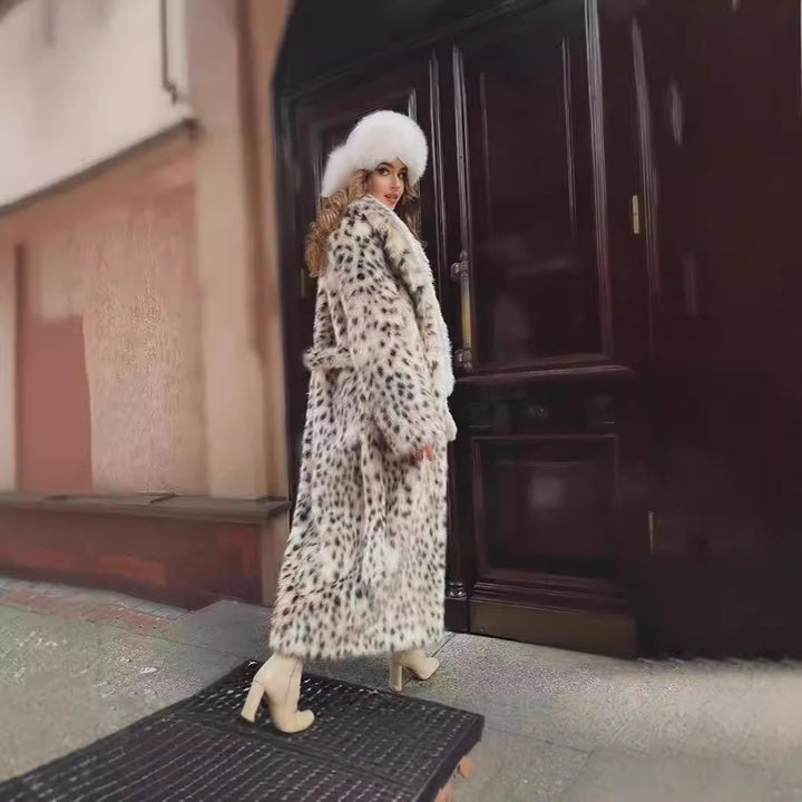 Damen langer Oversize Kunstpelzmantel mit Leopardenmuster und breitem Revers Drune