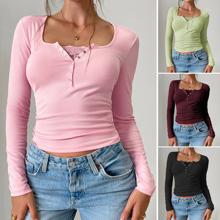 Damen Langarmshirt mit Knopfleiste und Rippstruktur Drune