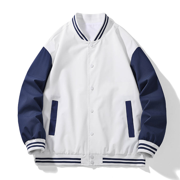Unisex College-Bomberjacke im Varsity-Stil mit kontrastärmeln, gestreiften Rippbündchen und Druckknopfverschluss Drune