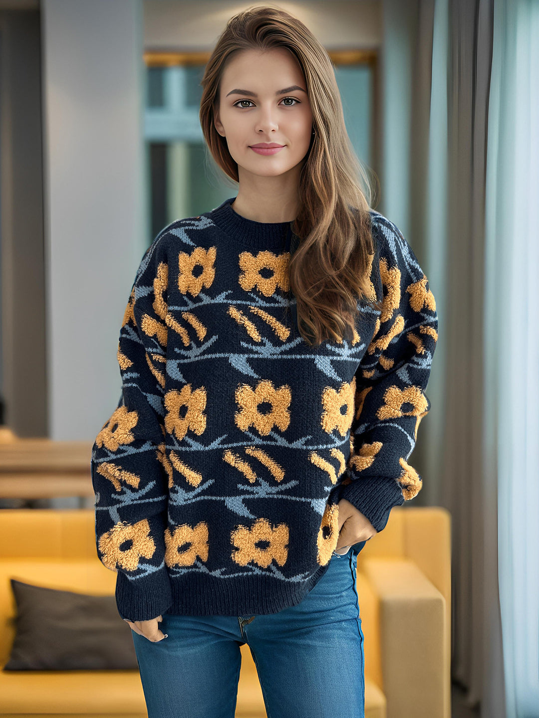 Damen Strickpullover mit floralem Muster und lässigem Schnitt Drune