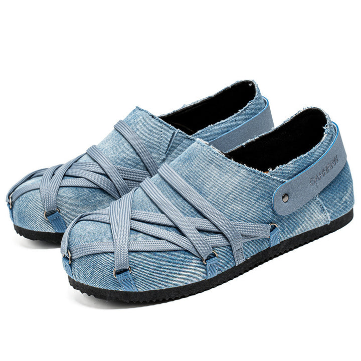 Herren lässige Slipper im Denim-Look mit elastischen Riemen, verstellbarem Fersenriemen und profilierter Gummisohle Drune