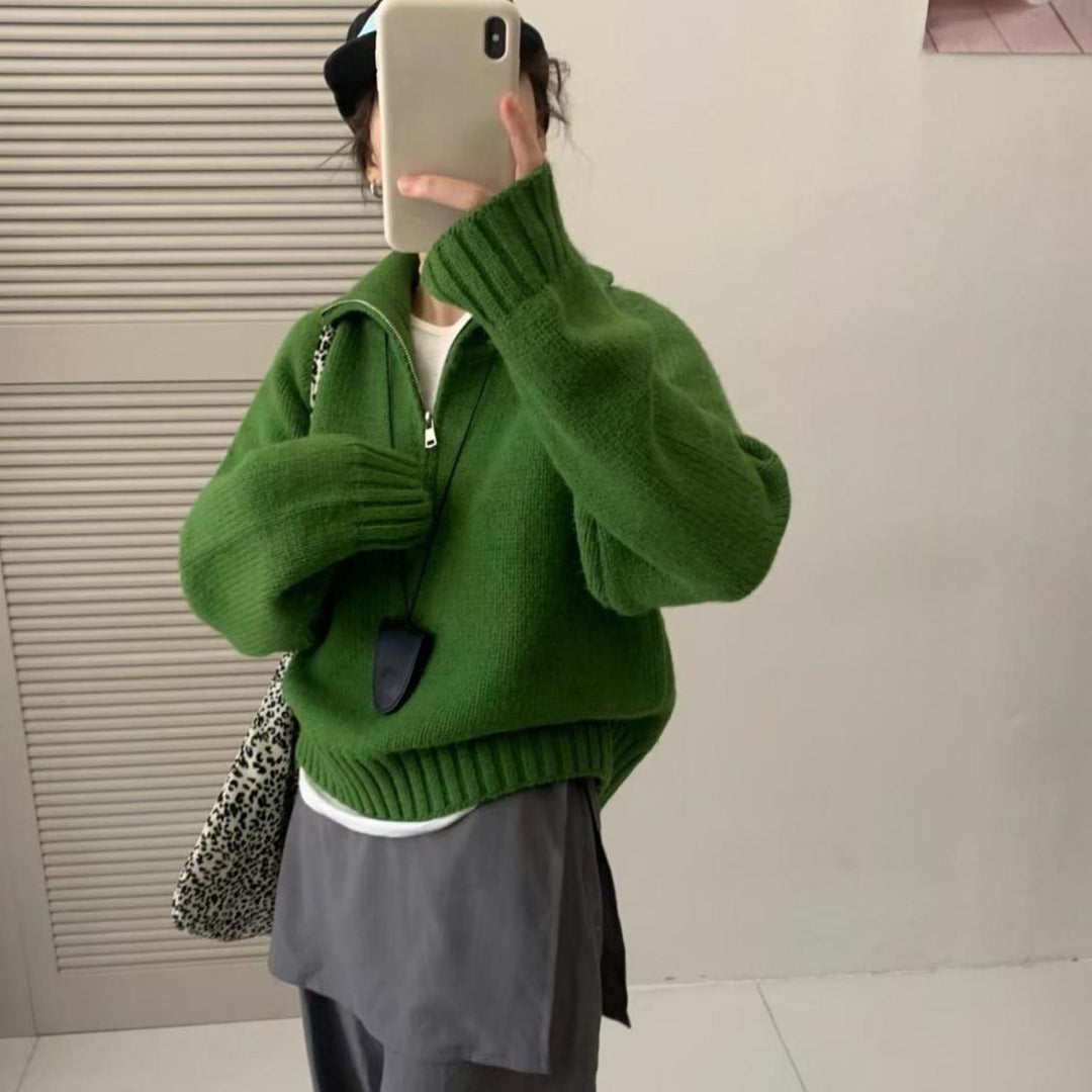 Damen Modischer Strickpullover mit hohem Kragen und Reißverschluss Drune