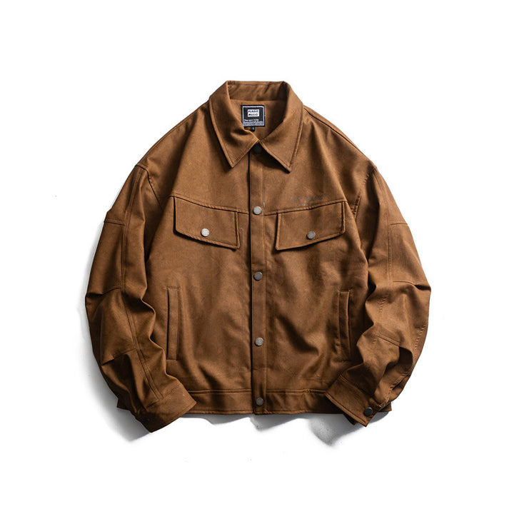 Herren Kurz geschnittener Canvas‑Trucker mit Veloursoptik, Pattentaschen und Druckknopfleiste Drune