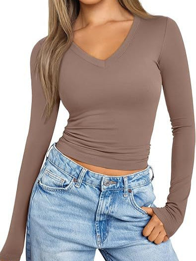 Damen Figurnahes Langarm-Cropped-Shirt mit V-Ausschnitt und elastischem Taillenbund Drune