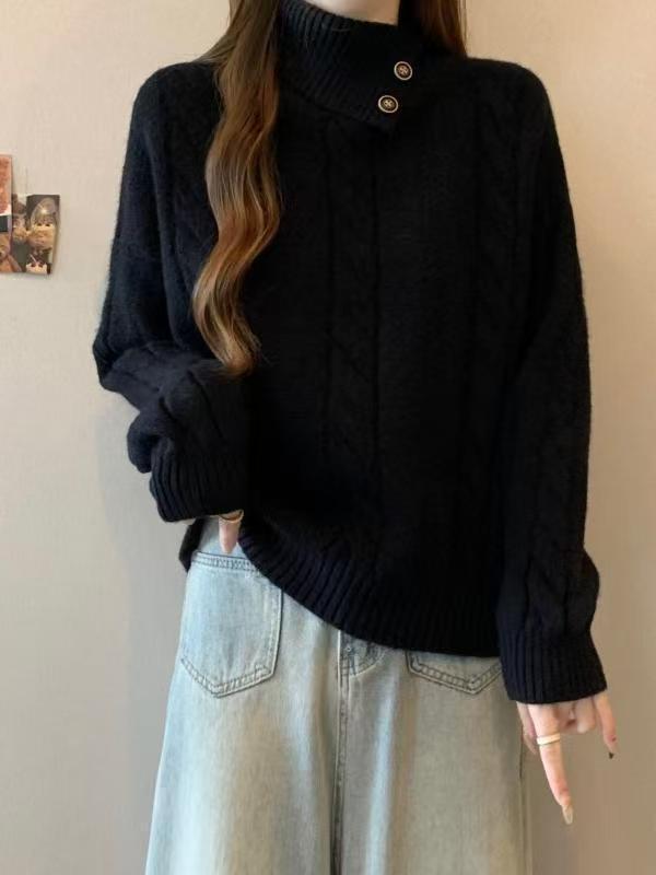 Damen Grobstrickpullover mit hochgeschlossenem Kragen und Knopfdetails Drune