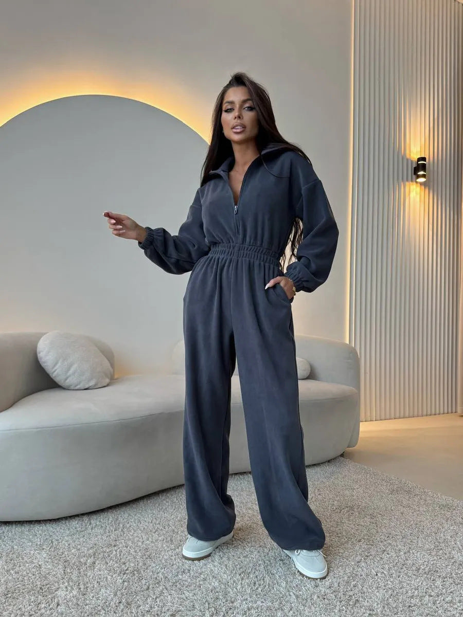 Damen eleganter Lounge-Overall mit elastischer Taillenpartie, Stehkragen, Reißverschluss und weitem Bein Drune