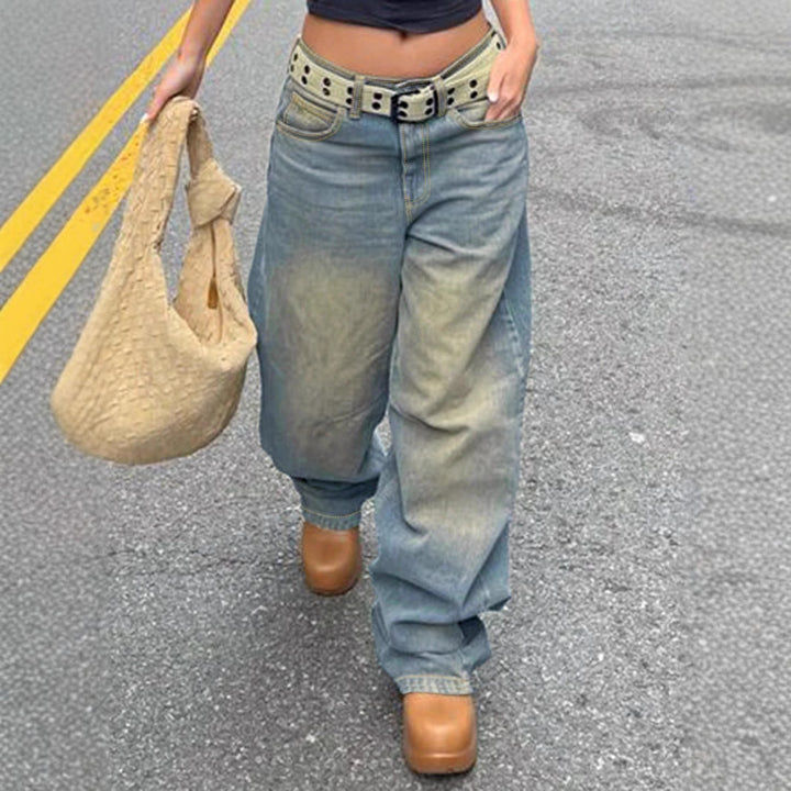 Damen Vintage-inspirierte Baggy-Jeans mit niedrigem Bund, weitem Bein und Used-Waschung Drune