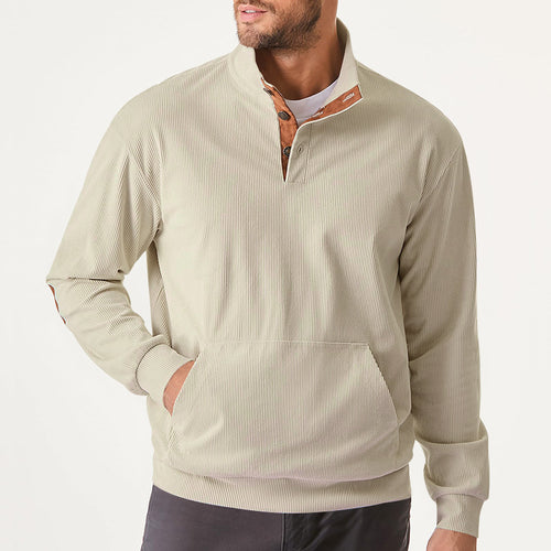 Herren nan geripptes Stehkragen-Pullover mit Knopfleiste, Kängurutasche und Wildleder-Ellenbogenpatches Drune