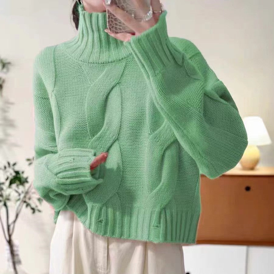 Damen Strickpullover mit hohem Kragen und Kabelmuster Drune