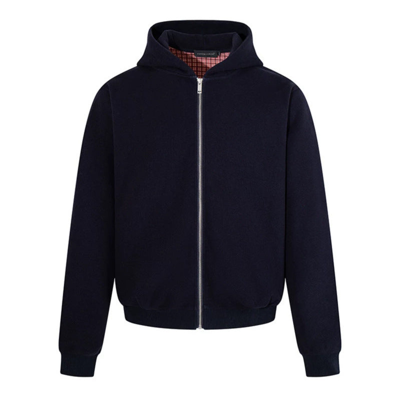 Herren Kapuzen‑Sweatjacke mit karierter Kapuzenfütterung, Metallreißverschluss und geripptem Saum Drune
