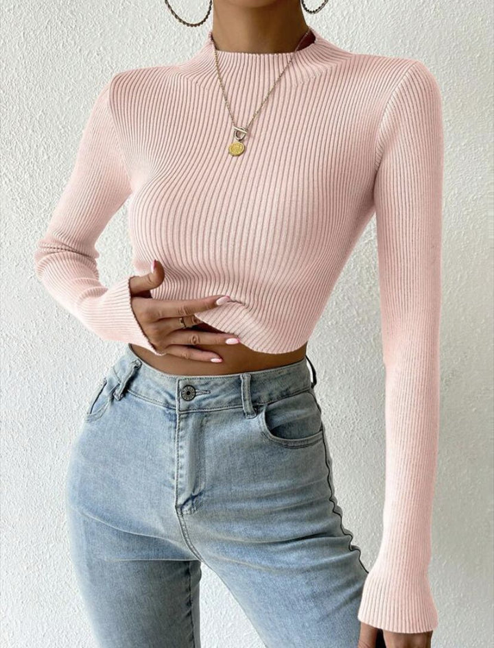 Damen Gerippter Cropped Feinstrickpullover mit Stehkragen Drune