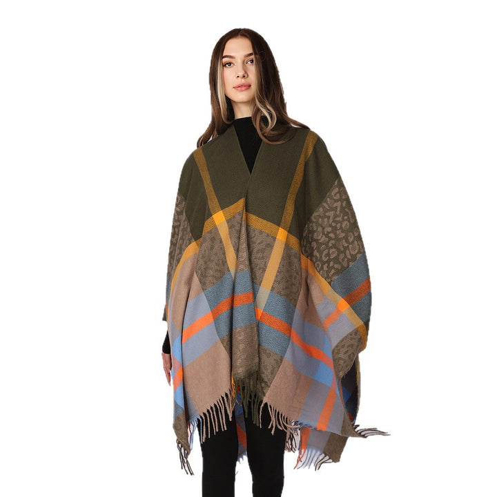 Damen Übergroßer Poncho mit Fransen und Karomuster Drune