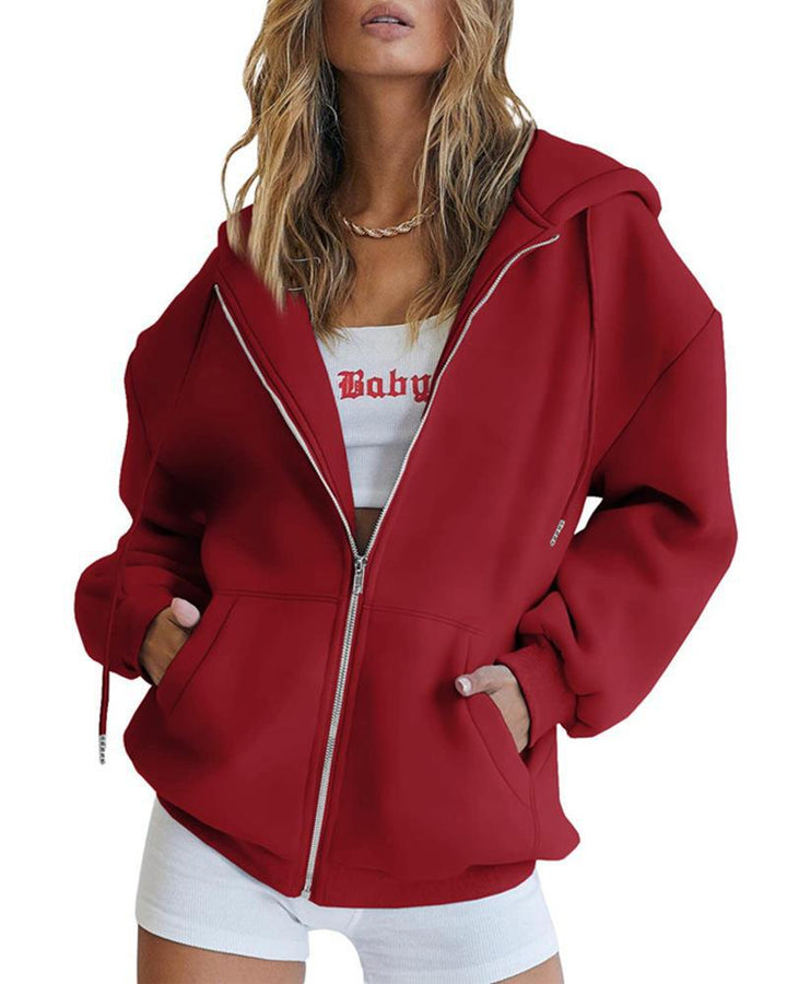Damen nan Oversize-Zip-Hoodie mit Kapuze Kängurutaschen und weichem French-Terry Drune