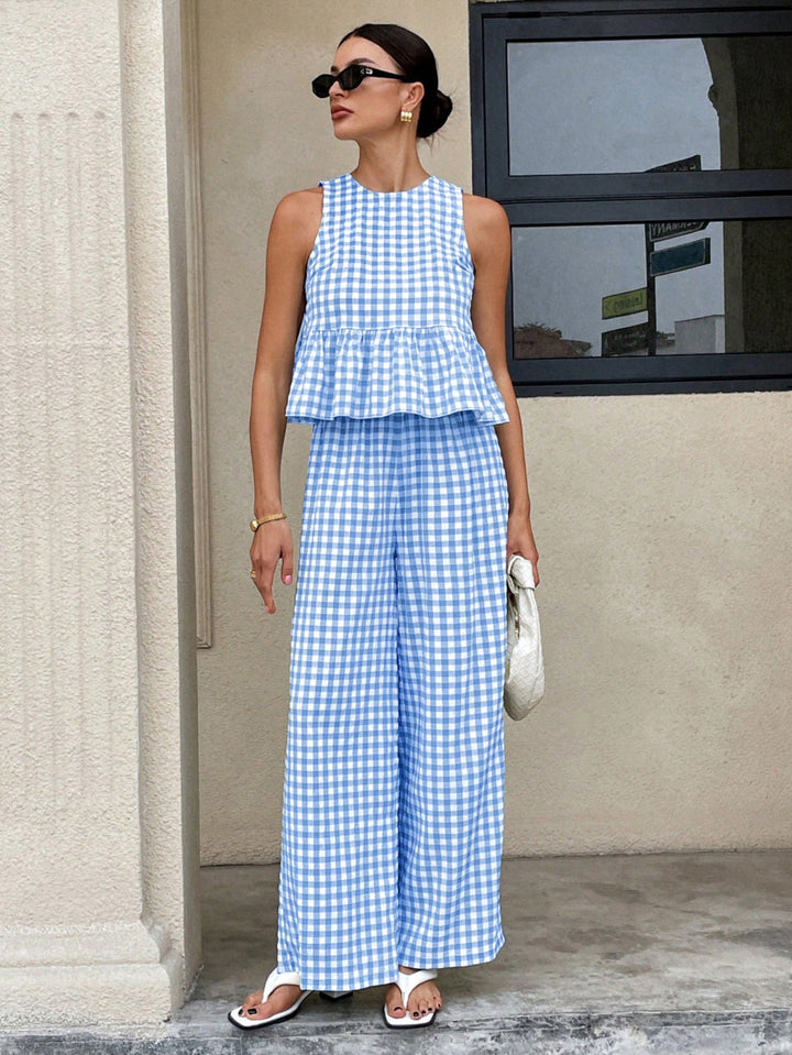 Damen Zweiteiliges Vichy-Karo-Set mit tailliertem Volanttop und weiter Palazzo-Hose Drune