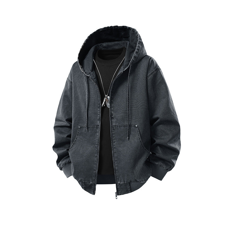 Herren Oversize Kapuzenjacke aus gewaschenem Canvas mit Reißverschluss und Utility-Taschen Drune