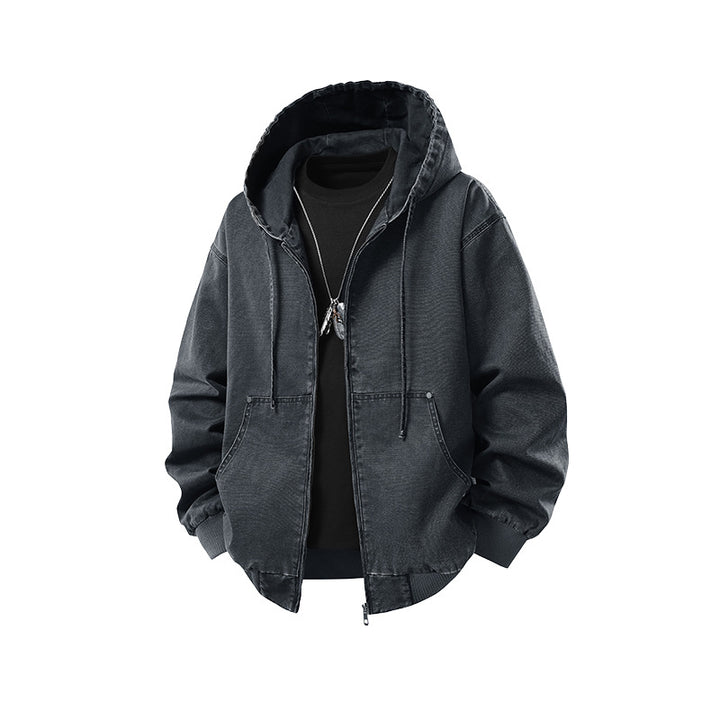 Herren Oversize Kapuzenjacke aus gewaschenem Canvas mit Reißverschluss und Utility-Taschen Drune