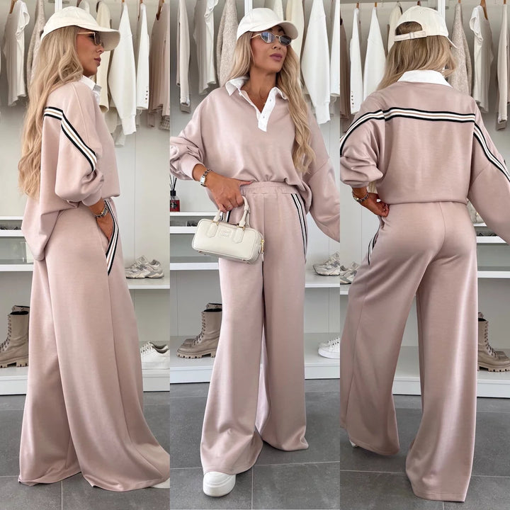 Damen modisches Relax-Set mit Polokragen, markanten Paspelstreifen und weitem Palazzo-Jogger Drune