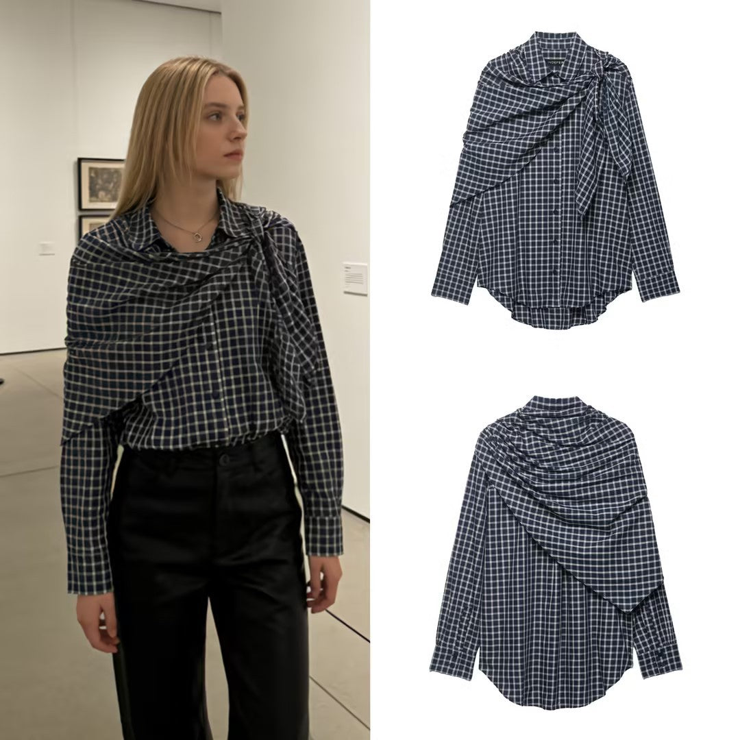 Damen Oversize Hemdbluse mit integriertem Schultertuch und Vichy-Karo Drune