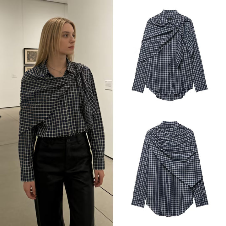 Damen Oversize Hemdbluse mit integriertem Schultertuch und Vichy-Karo Drune
