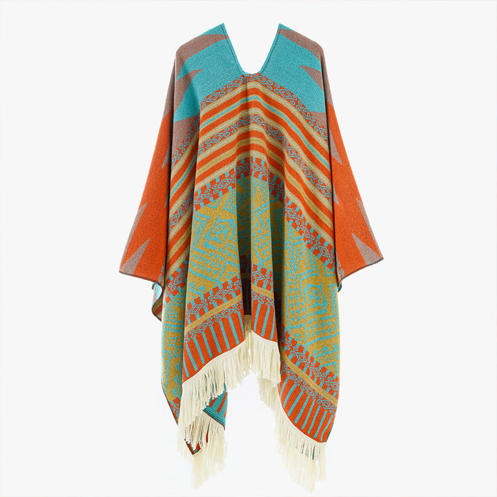Damen Ethno-Jacquard Cape aus Wollmix mit asymmetrischem Saum, V-Ausschnitt und Fransen Drune
