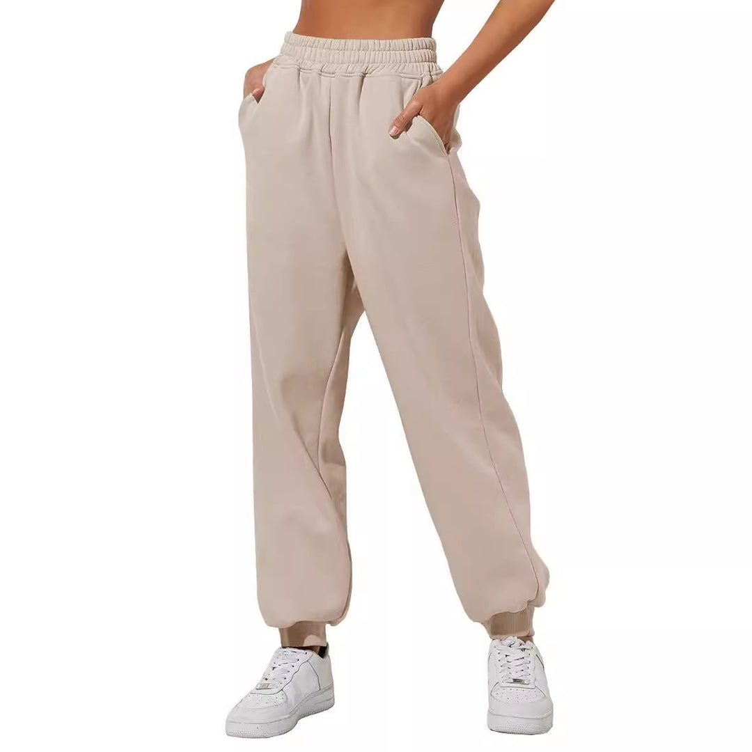 Damen nan lockere High‑Waist Jogginghose mit doppellagigem Komfortbund, seitlichen Eingrifftaschen und gerafften Knöchelbündchen Drune