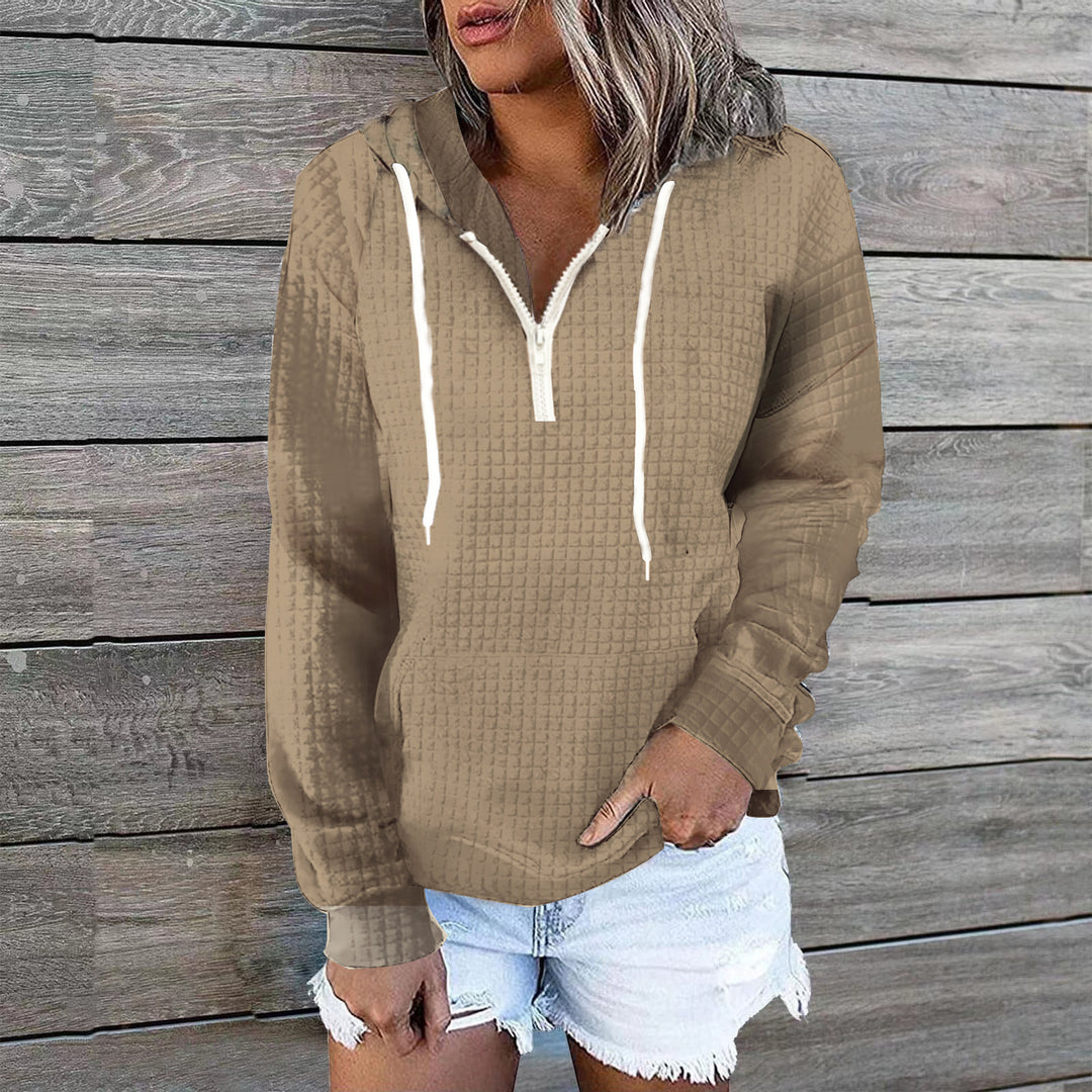 Damen Waffelstruktur Kapuzenpullover mit Halbzip, Kängurutasche und lässigem Oversize‑Schnitt Drune