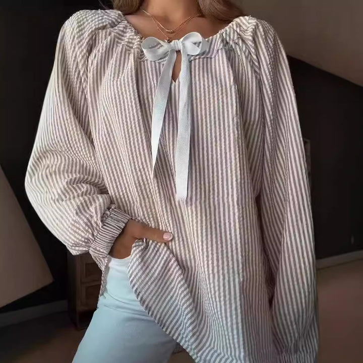 Damen Bluse mit elastischem Ausschnitt und Schleifenbindung Drune