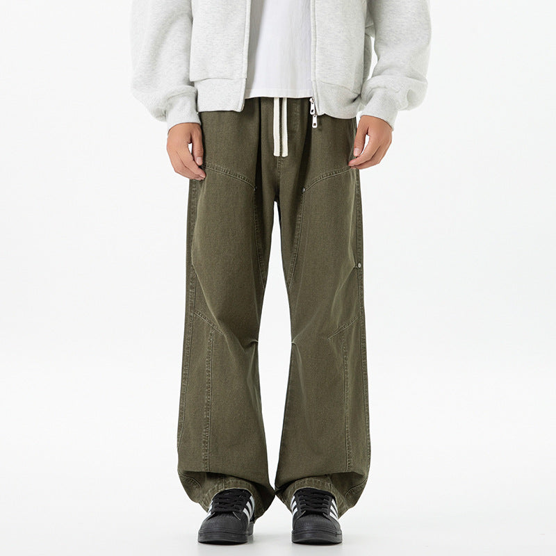 Herren weite Baggy-Cargohose aus gewaschenem Canvas mit Elastikbund und dekorativen Nahtpaneelen Drune