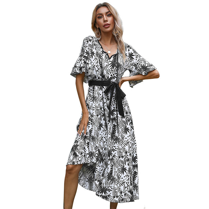 Damen Viskose-Midikleid im Monochrom-Blattform mit Bindegürtel & Flatterärmeln Drune