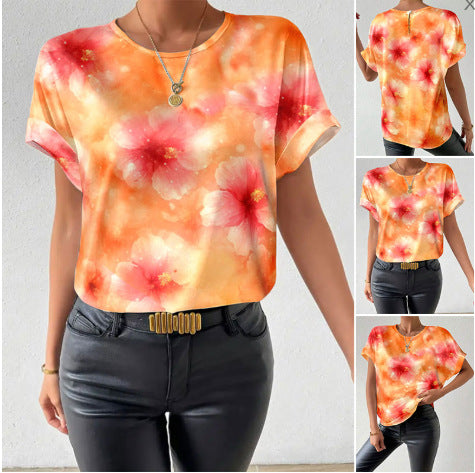 Damen nan lockeres Kurzblusen-Shirt in Seidenoptik mit Aquarellblütenprint und Umschlagärmeln Drune