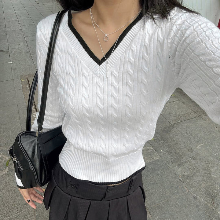 Damen Feinstrick-Pullover mit Zopfmuster, V-Ausschnitt und kontrastierendem Saum Drune