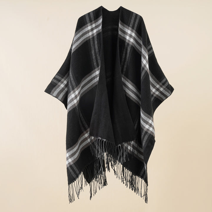 Damen Oversize-Umhang mit Karomuster, Fransen und Wolloptik Drune
