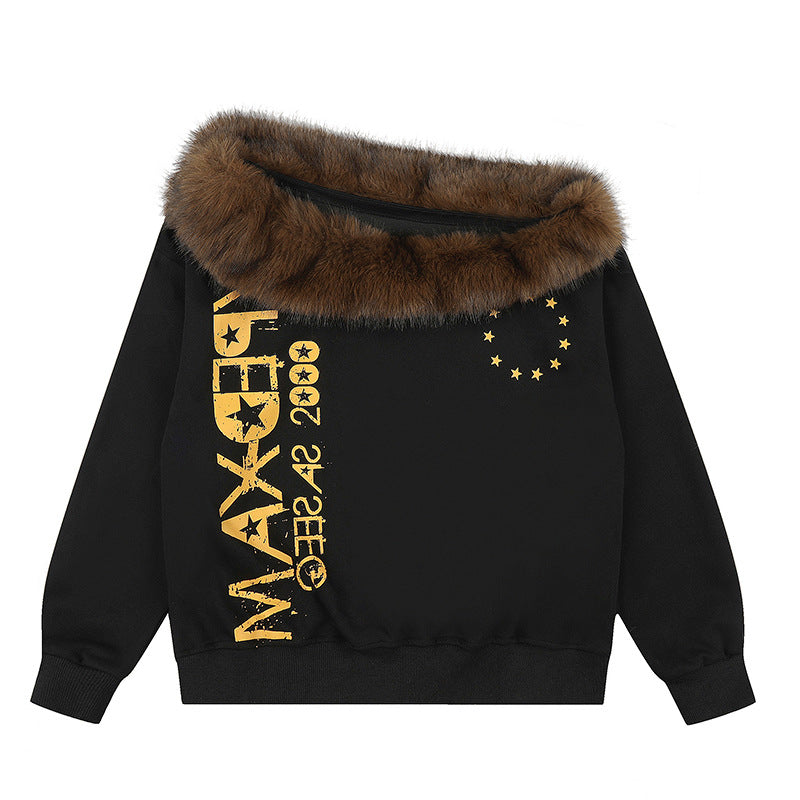 Damen Oversize-Sweatshirt mit Kunstfellkragen, Rippbündchen und Statement-Print Drune