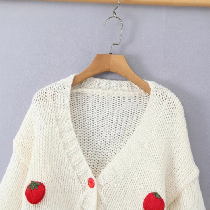 Damen Strickjacke mit Erdbeer-Motiv Drune