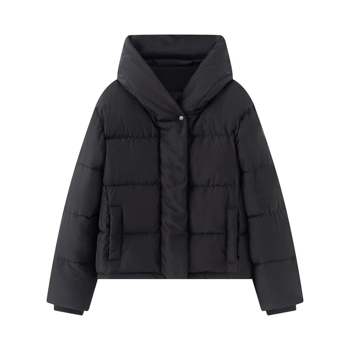 Damen Kurz geschnittene gesteppte Pufferjacke mit hohem Stehkragen und verdeckter Druckknopfleiste Drune