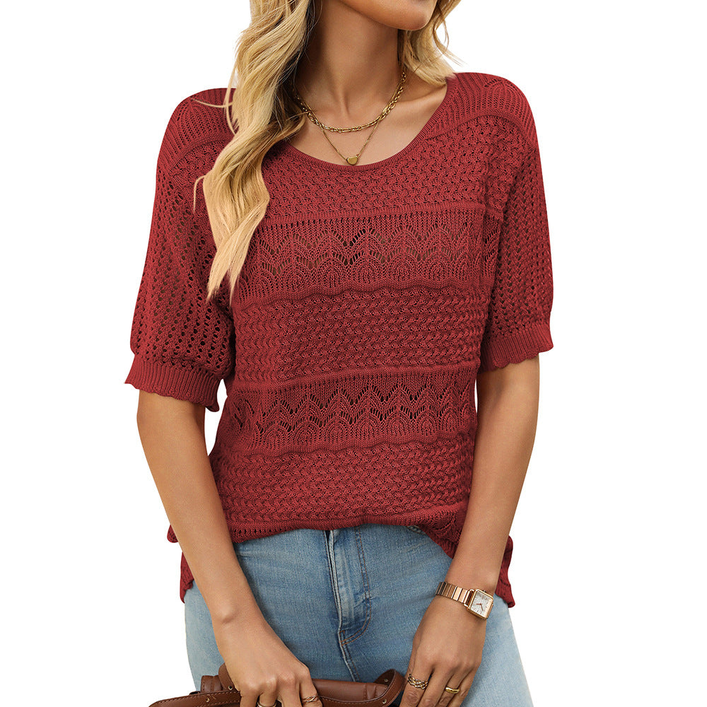 Drune | Eleganter Rundhals Hohler Kurzarm Pullover Top
