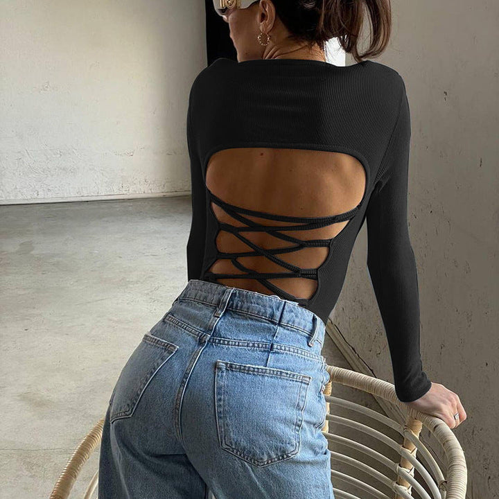 Damen Langarm Shirt mit raffiniertem Rückenausschnitt und durchziehbarem Kordelzug Drune