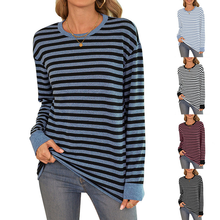 Damen bequemes Langarmshirt mit gestreiftem Design und Rundhalsausschnitt Drune
