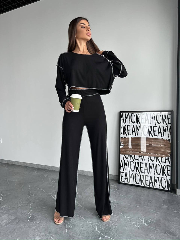 Damen Cropped Oversized-Sweatshirt mit Overlocknähten und High-Waist ausgestellter Hose Set Drune