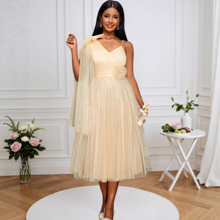 Damen festliches Midikleid mit asymmetrischem Chiffon-Overlay und floraler Applikation Drune