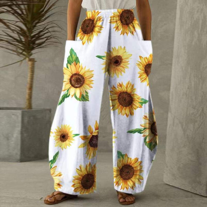 Damen Weite Blumen-Hosen mit Taschen und elastischem Bund Drune