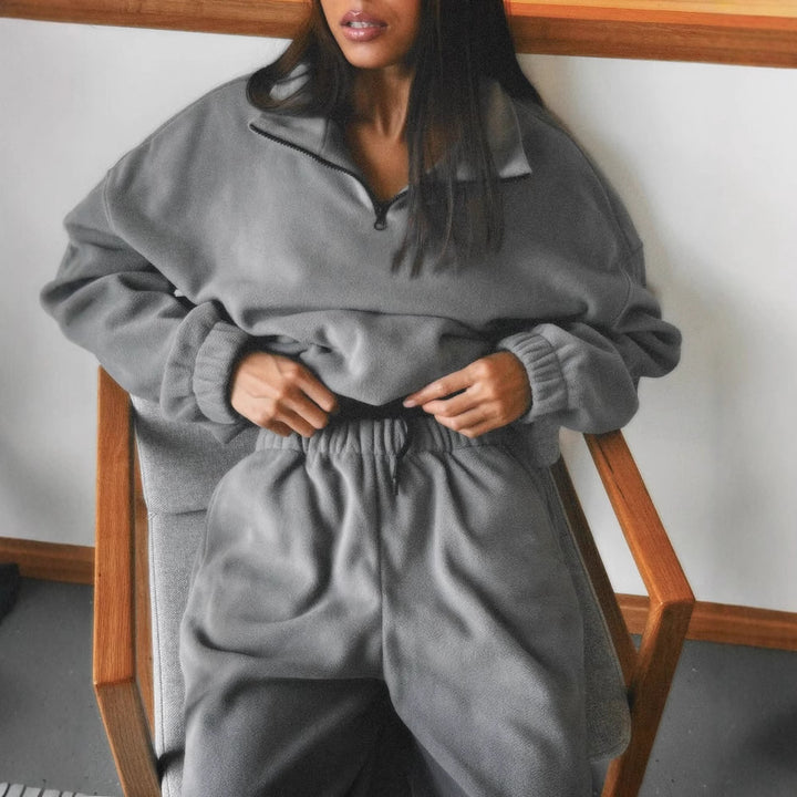 Damen Ultraweiches Fleece-Relaxset mit Stehkragen, halbem Reißverschluss und elastischer Schlupfhose Drune