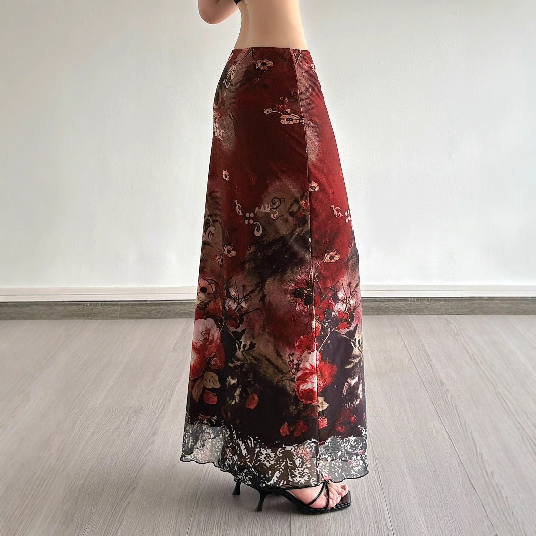 Damen Langes Satin-Chiffon Maxirock mit floralem Aquarellprint Drune