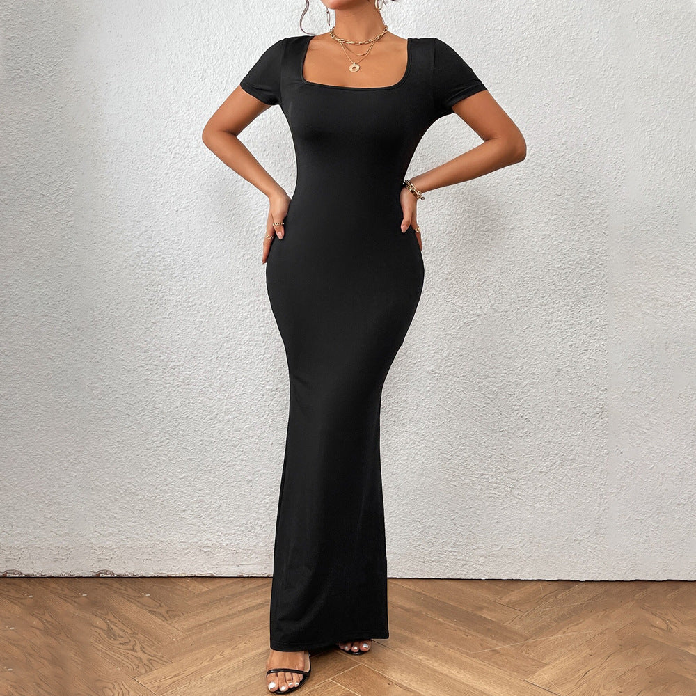 Damen elegantes Maxikleid mit tiefem U-Boot-Ausschnitt und figurbetontem Schnitt Drune