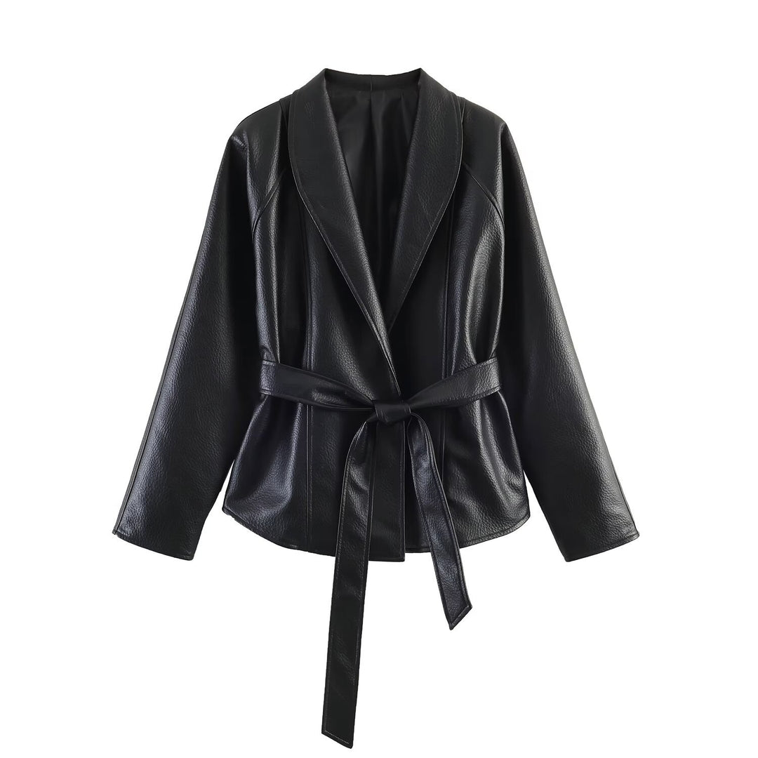 Damen Lederoptik-Wickeljacke mit Bindegürtel Drune