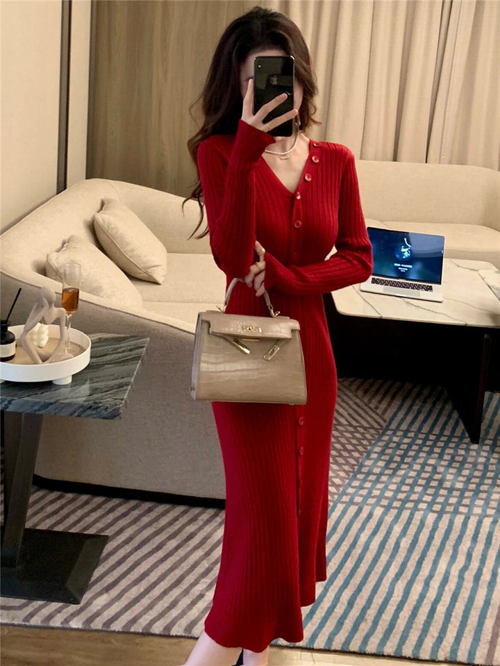 Damen lässiges Midi-Kleid aus feinem Rippstrick mit Knopfleiste Drune