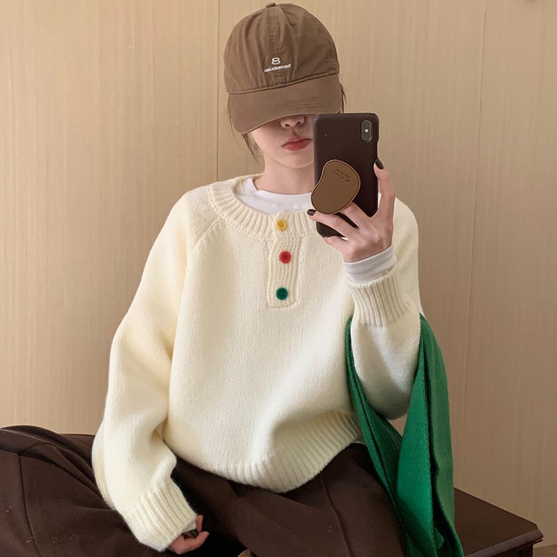 Damen Gemütlicher Pullover mit bunten Knopfdetails und weichem Material Drune