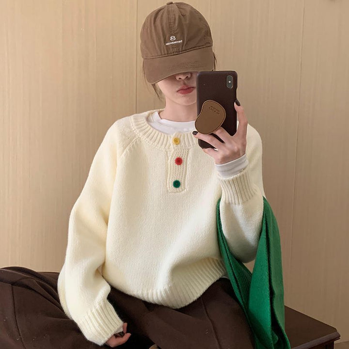 Damen Gemütlicher Pullover mit bunten Knopfdetails und weichem Material Drune