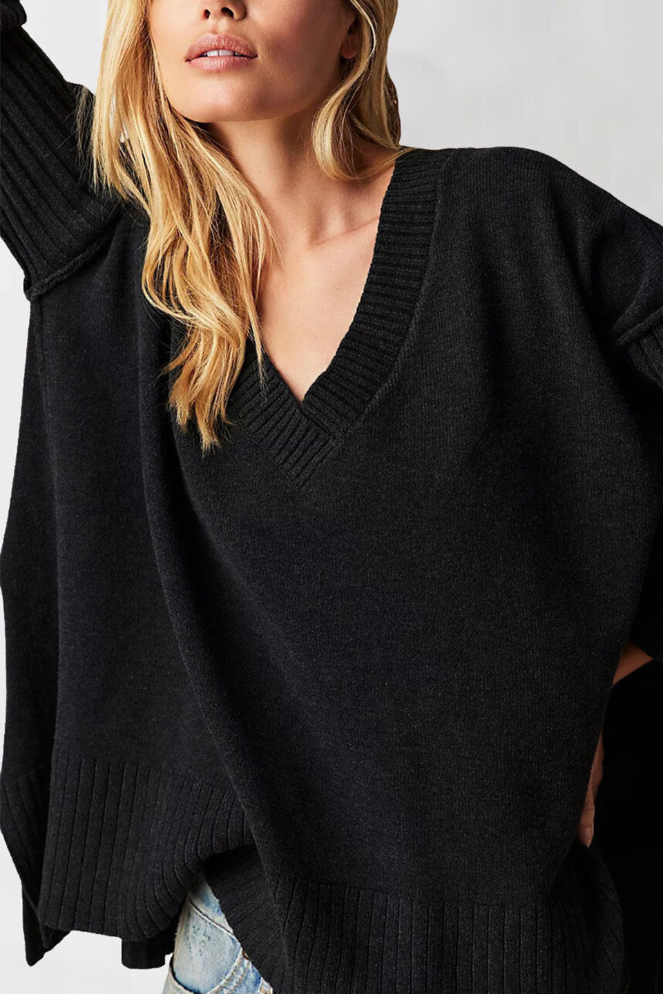 Damen lässiger V-Ausschnitt Pullover mit strukturierten Ärmeln und Oversized-Schnitt Drune